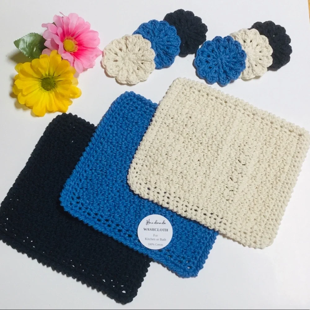 🆕 Cotton Wash Cloth Facial Scrubbies Set Handcrafted Reusable 9 Piece Set
